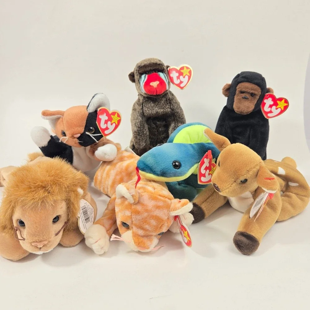 Ty Beanie Babies Lot of 7 Lion Deer Snake Cats Gorilla Mandrill Plush Toys